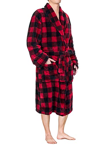 PAVILIA Mens Robe, Soft Plaid Robe for Men, Fleece Warm Long Bathrobe for Bath Shower Spa with Shawl Collar and Pockets, Plush Microfiber - Black and Red Buffalo Plaid Checkered