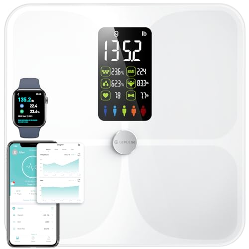 Scales for Body Weight and Fat, Lescale Large Display Weight Scale, High Accurate Body Fat Scale Digital Bluetooth Bathroom Scale for BMI Heart Rate, 15 Body Composition Analyzer Sync, White