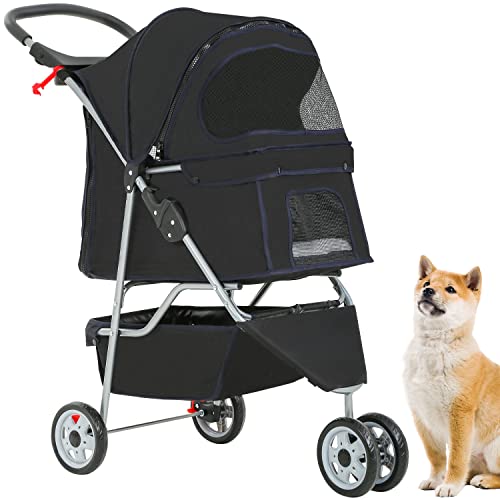 BestPet 3 Wheels Pet Stroller Dog Stroller Cat Cage Jogger Stroller Cats Travel Folding Carrier Waterproof Puppy Stroller with Cup Holder & Removable Liner,Black