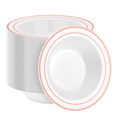 BestStar 100 Pack Plastic Disposable Bowls, 12oz Salad Bowls with Rose Gold Rim for Dessert, Cereal Bowls for Party, Wedding, Catering