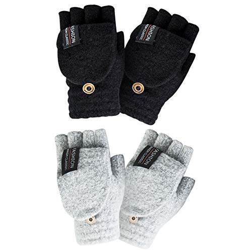 YSense Womens Winter Gloves, 2 Pack Warm Wool Knitted Convertible Fingerless Gloves for Women Gifts with Mittens Cover Cap,Black&Grey