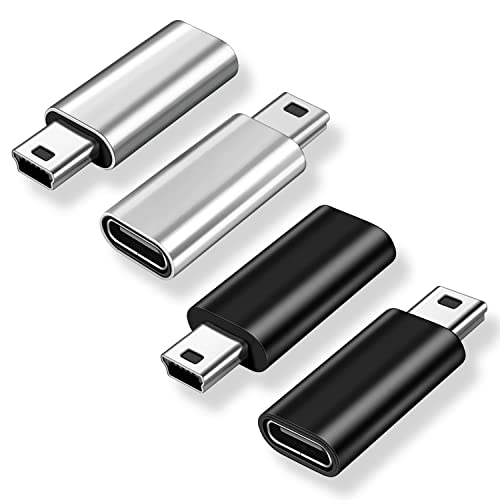 AreMe Mini USB 2.0 to USB C Adapter (4 Pack), USB Type C Female to Mini USB Male Converter Connector for Digital Camera, MP3 Players, Dash Cam, GPS Receiver and More (Black+Silver)