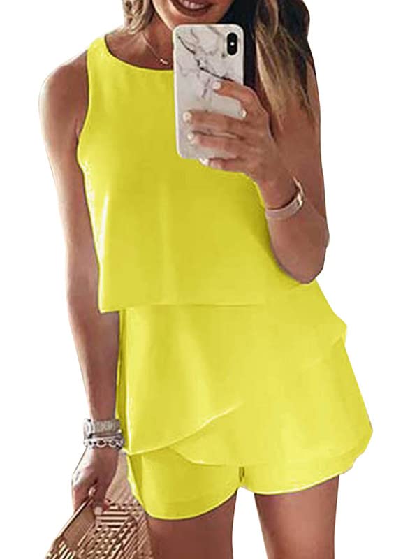 Dokotoo Womens Juniors Fashion 2024 Elegant Summer Cute Sexy Off The Shoulder Halter Neck Ruffle Chiffon Sleeveless One Piece Short Rompers for Women Jumpsuits Yellow M