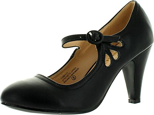 Chase & Chloe Kimmy-21 Women's Round Toe Pierced Mid Heel Mary Jane Style Dress Pumps (10 B(M) US, Black)
