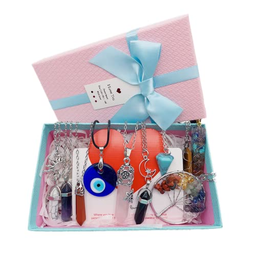 10 Pcs Crystals Pendant Necklace for Women Girls Chakra Healing Necklace, Tree of Life Wire Wrapped Healing Crystal Stone Necklace, Evil Eye Necklace, Hexagonal Crystal Necklaces, Sun Moon Pendants