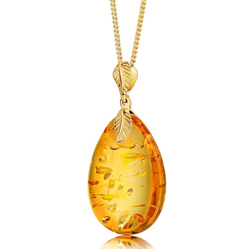 Amber by Mazukna - Baltic Amber Pendant for Women, Sparkling Amber Drop, Gold Plated Sterling Silver ag925 18inch Necklace, Cognac Color Jewelry for Ladies