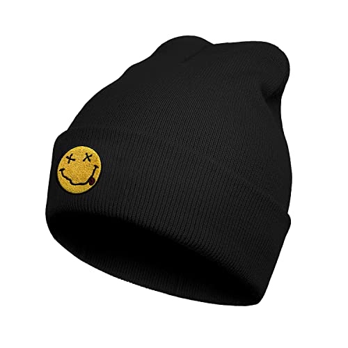 Rock and Roll Classic Tongue Out Face Embroidered Black Beanie Hats for Rock Lovers-Winter Warm Stretchable Fashion Knit Cuffed Beanie Hats for Men Women