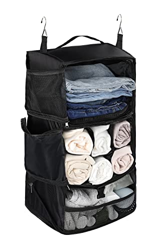 ELEZAY Hanging Packing Cubes Portable Closet 3-Shelf Travel Collapsible Compression Garment Organizer for Carry-on Luggage Suitcase Space Saver Bag X-Large_No Side Pockets, Black