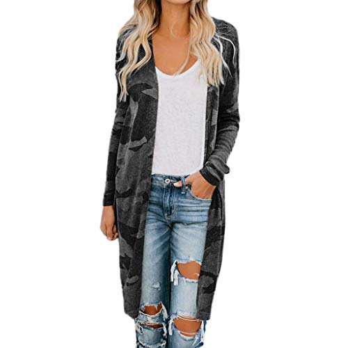 Bokeley Coat for Womens, Women Shirts Long Cardigan Camouflage Long Sleeve Coat Outerwear Coat (2XL, Black)