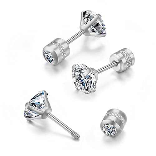 Titanium Flat Screw Back Stud Earrings for Girls,Safety Screw on CZ Earrings Hypoallergenic Surgical Steel Cartilage Earrings (3mm CZ, Silver)