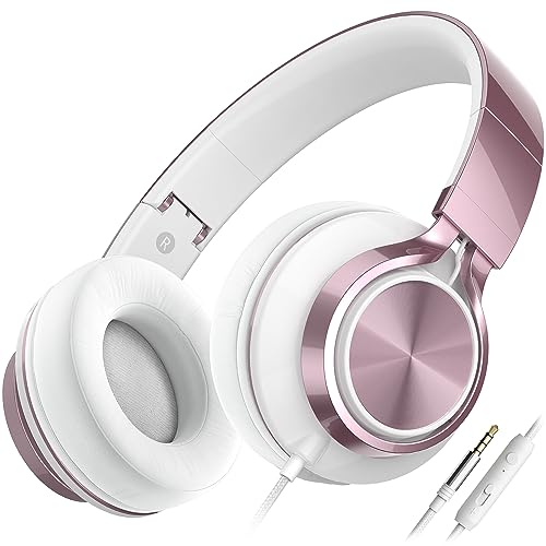 AILIHEN C8 Girls Headphones, On-Ear Headphones Wired with Microphone and Volume Control Foldable Corded Stereo 3.5mm Headset for Girls School Chromebook Laptop Computer PC Tablets Travel (Rose Gold)