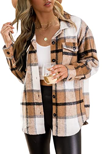 Womens Shacket Jackets Long Sleeve Plaid Wool Blend Button Down Tops Shirt Fall Winter Jacket Shackets