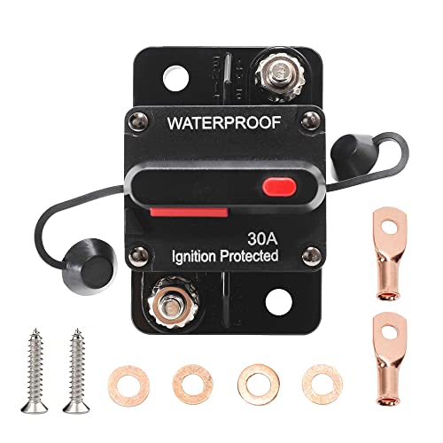 RED WOLF Car Circuit Breaker 30A AMP w/Manual Reset Switch Inline Fuse Holder Inverter 12V-48V DC for Motor Trolling Vehicles Audio Radio Solar System Protection with Wire Lugs Copper Washer Screws