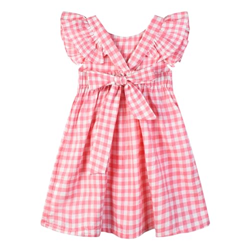HILEELANG Toddler Girl Short Sleeve Ruffle Dress Easter Pink Plaid Fancy Flower Girl Bowknot Backless Sundress 5T