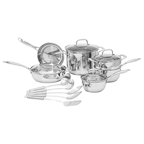 Amazon Basics Stainless Steel 15-Piece Cookware Set, Pots, Pans and Utensils, Silver