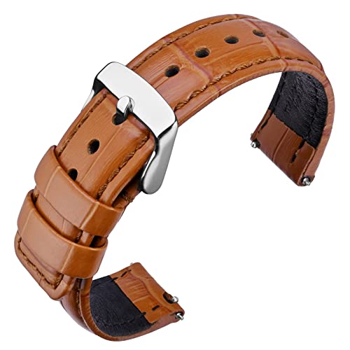 ANNEFIT Quick Release Leather Watch Bands 24mm, Alligator Grain Calfskin Replacement Strap, Stainless Steel Buckle (Light Brown)