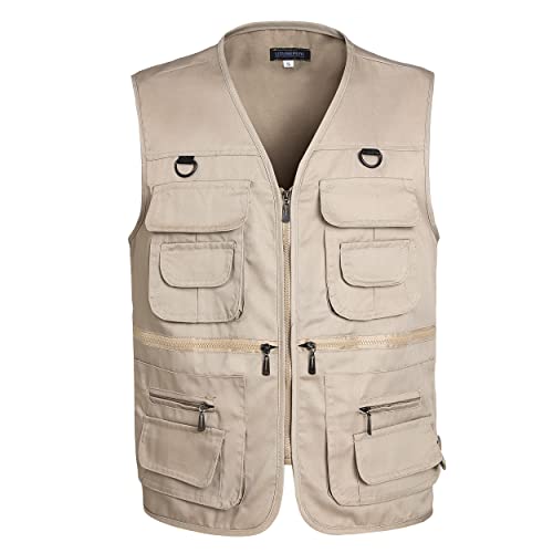 LISUHEPEAL Men's Fishing Vest Summer Outdoor Work Safari Travel Photo Khaki Vests with Multi Pockets For Men (S18-Khaki, L)