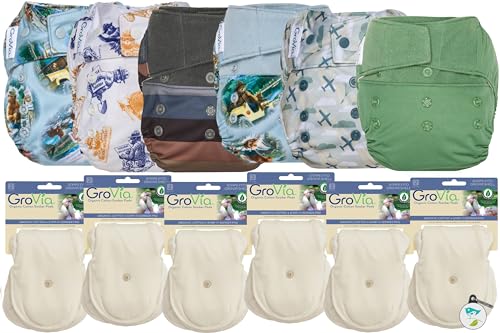 GroVia Hybrid Part Time Package: 6 Shells + 12 Organic Cotton Soaker Pads (Color Mix 23 - Both Closures)