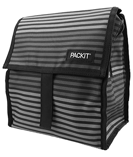 PackIt Freezable Lunch Bag, Gray Stripes, Built with EcoFreeze Technology, Foldable, Reusable, Zip and Velcro Closure with Buckle Handle, Perfect for School and Office Lunches