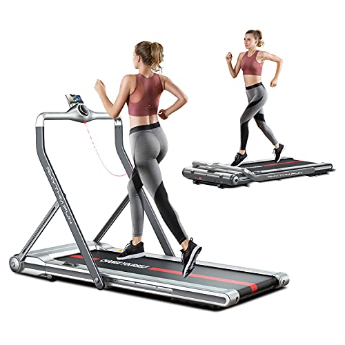 RHYTHM FUN Treadmill 2-in-1 Folding Treadmill Under Desk Walking Treadmill with Foldable Handrail Wide Tread Belt Super Slim Mini Quiet Home Treadmill with Smart Remote Control and Workout App（Sliver）