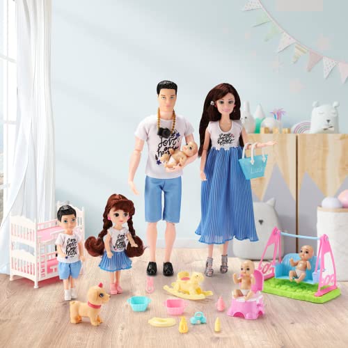 Pregnant Doll Have a Baby in Her Tummy Family Dolls Set of 7 People with Dog Included Dad Pregnant Mom 2 Kids 3 Baby and Infant in Mommy's Tummy with 38PCS Accessories for Aged 3-12 Girls Boys Gift