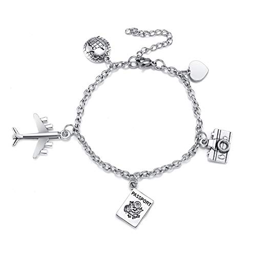 BOPREINA Travel Gifts Bracelet Passport Airplane Earth Heart Camera Charm Bracelets Stainless Steel Link Chain for Men Women Inspiration Jewelry for Travel Graduation Gift