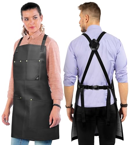 Under NY Sky Leather Apron - Cross-back Straps, Riveted, Vegan Leather - For Barbers, Hairstylist, Bartender, Barista