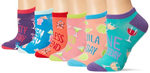 K. Bell Socks Women's 6 Pair Pack Fun Food and Beverage Novelty Low Cut No Show Socks, Happy Hour (Pink Assorted), Shoe Size: 4-10