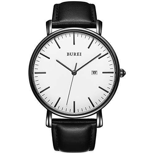 BUREI Men's Fashion Minimalist Wrist Watch Analog Date with Leather Strap (White)