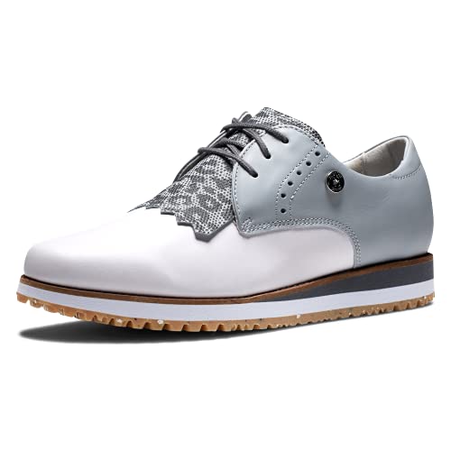 FootJoy Women's Sport Retro Previous Season Style Golf Shoe, White/Grey/Leopard, 7.5
