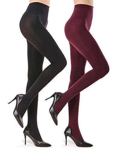 G&Y 2 Pairs Semi Opaque Tights for Women - 70D Microfiber Control Top Pantyhose (L,Black & Burgandy)