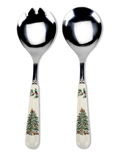 Spode Christmas Tree Set of 2 Salad Servers | 10 Inch Salad Serving Set | Made from Stainless Steel and Earthenware | Dishwasher Safe