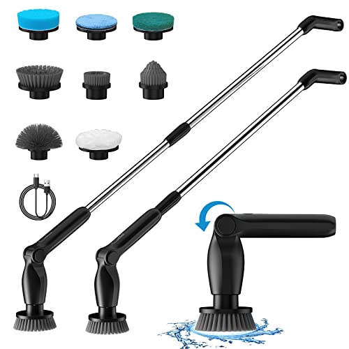 Leebein 2023 Electric Spin Scrubber, Cordless Cleaning Brush with 8 Replaceable Brush Heads, Adjustable Extension Handle, 2 Speeds & Remote Control, Power Cleaning Scrub for Bathroom Floor Tile Car