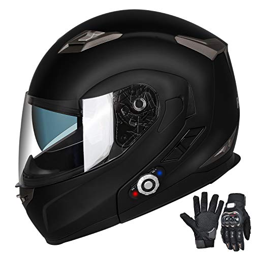 FreedConn Motorcycle Bluetooth Helmet,Bluetooth Integrated Modular Flip up Full Face Motorcycle Helmet,Dual Visor Modular Bluetooth Helmet,DOT Approved Helmets with Gloves(Matte Black,Medium)