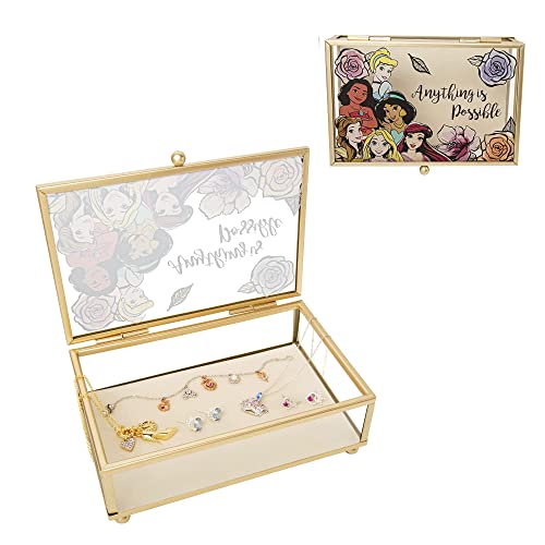 Disney Princess Anything is Possible Gold Trim Glass Jewelry Box, Officially Licensed