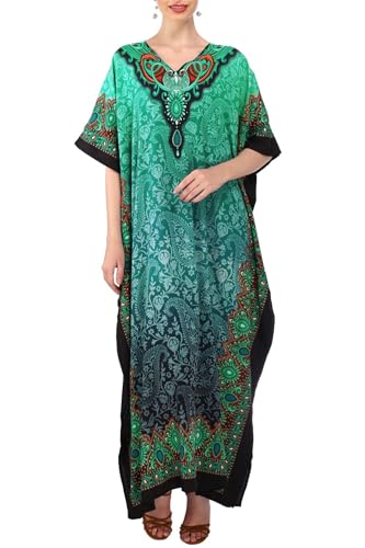 Women's Kaftan Tunic Kimono Free Size Long Maxi Party Dress for Loungewear Holidays Nightwear Dresses One Size, 103-Teal