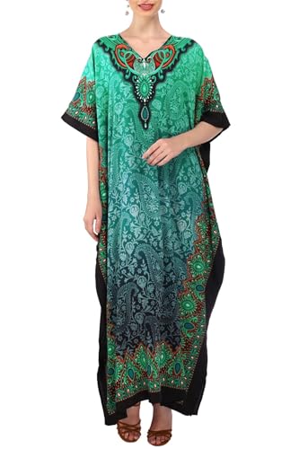 Women's Kaftan Tunic Kimono Free Size Long Maxi Party Dress for Loungewear Holidays Nightwear Dresses One Size, 103-Teal