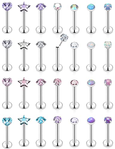 16G Threadless Push in Lip Rings Stainless Steel Labret Jewelry Monroe Lip Rings Nail Cartilage Tragus Helix Earrings Studs Nose Ring Medusa Piercing Jewelry For Women Men 16 Gauge CZ Opal 6MM Length