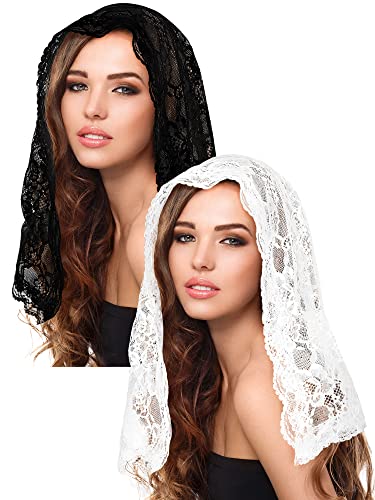 2 Pcs Lace Veils for Church Mantilla Catholic Veil Latin Mass Head Covering Veils for Bridal Women (White, Black)