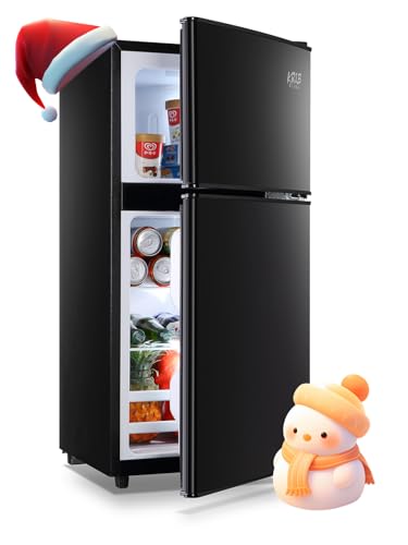 KRIB BLING 3.5 Cu.Ft Compact Refrigerator with Freezer, Retro Fridge, Mini Fridge with Two Door Design, 7 Level Adjustable Thermostat for Dorm, Office, Bedroom, Apartment, Black