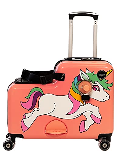 Younglingz Lil Flyer 20' kid ride on suitcase child stroller spinner luggage (Pink Unicorn)