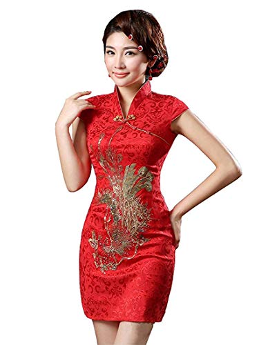 Cosplay Life Red and Gold Phoenix Brocade Chinese Traditional Cheongsam Dress for Women (XL)