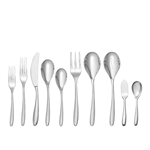 nambe Bend Flatware, 45-Pc Set, 18/10 Mirror Stainless Steel Silverware Cutlery Set, Designed for Home Kitchens, Hotel, or Restaurants, Service for 5 and a 3pc Serving Utensil Set, Dishwasher Safe