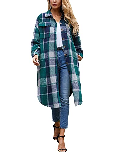 Omoone Women's Lounge Lapel Button Up Long Sleeve Plaid Long Shirt Jacket Shacket(O1766-Green-XXL)