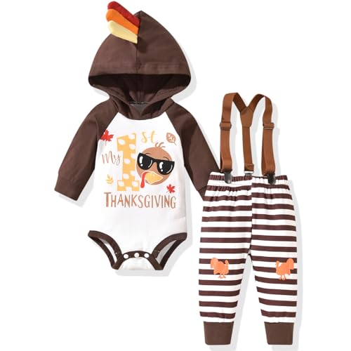 Unutiylo 3-6 Months Baby Boys Thanksgiving Outfit My First Thanksgiving Clothes Infant Turkey Hooded Romper Suspender Pants Set Brown Stripe