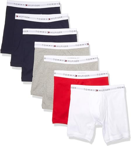Tommy Hilfiger mens Underwear Cotton Classics Megapack - Amazon Exclusive Boxer Briefs, 3 Navy, 2 Grey Heather,1 Red, 1 White, Medium US