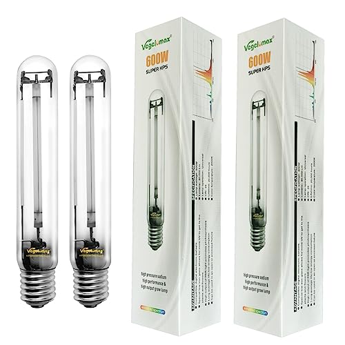 Vegelumax 2-Pack 600 Watt Hydroponic High Pressure Sodium HPS Grow Light Bulb Lamp,High PAR Enhanced Red and Orange Spectrum, CCT 2100K, Ultra Bright 90,000 Lumens,E39 Base