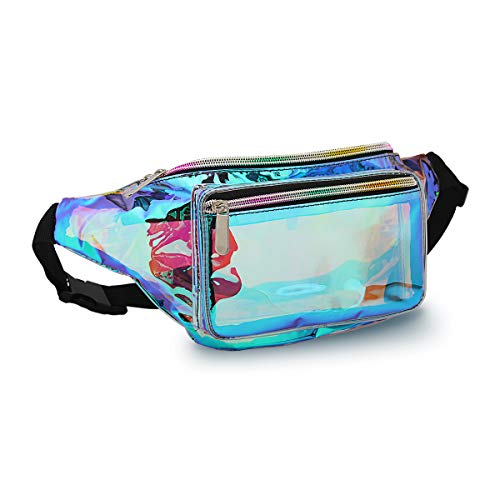 Holographic Fanny Pack for Women Men, Water Resistant Crossbody Waist Bag Pack with Multi-Pockets Adjustable Belts, Cute Bum Belt Bag for Travel Walking Running Hiking Cycling, Stadium Approved (Clear Blue)