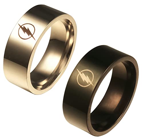 Ecooon 2pcs Flash ring for Season 5 fan Cosplay, lightening logo Fastest Man stainless steel ring band package for Men Boy Gift Jewelry, DC Comics Anime Cartoon Superhero Ring