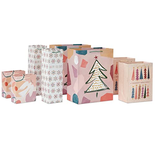 Hallmark Boho Christmas Gift Bag Assortment (8 Bags: 2 Small 6', 2 Medium 9', 2 Large 13', 2 Bottle Bags) in Pastel Pink, Purple, Hunter Green, White Dove, Snowflakes, Trees